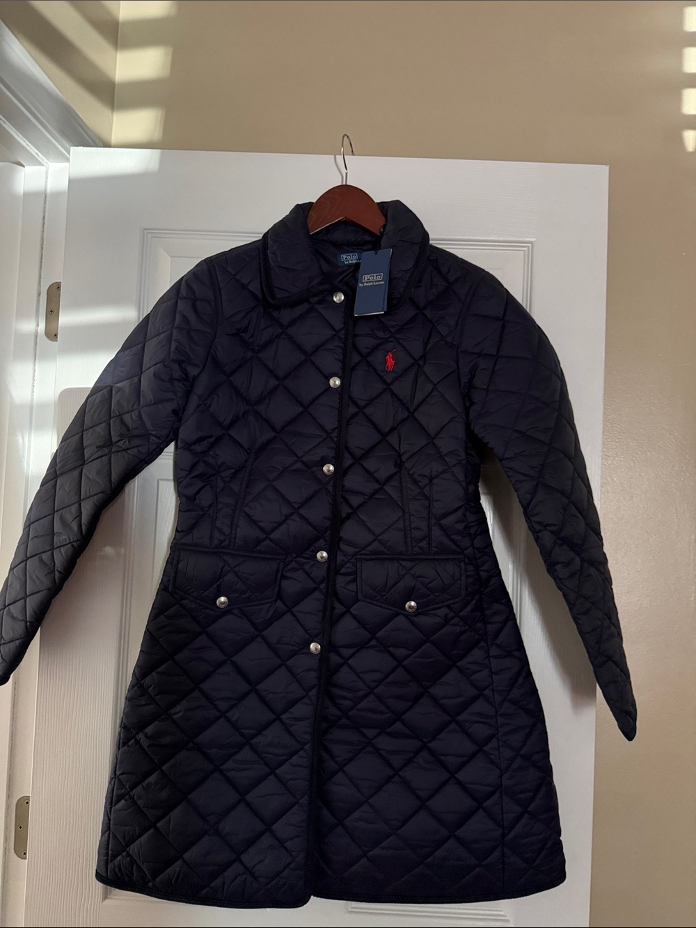 Ralph Lauren Navy Quilted Mid-Length Puffer Coat with Red Polo Logo